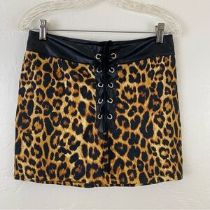 Switchblade Stiletto Small Brown & Black Leopard Print Lace-up Fitted Mini Skirt